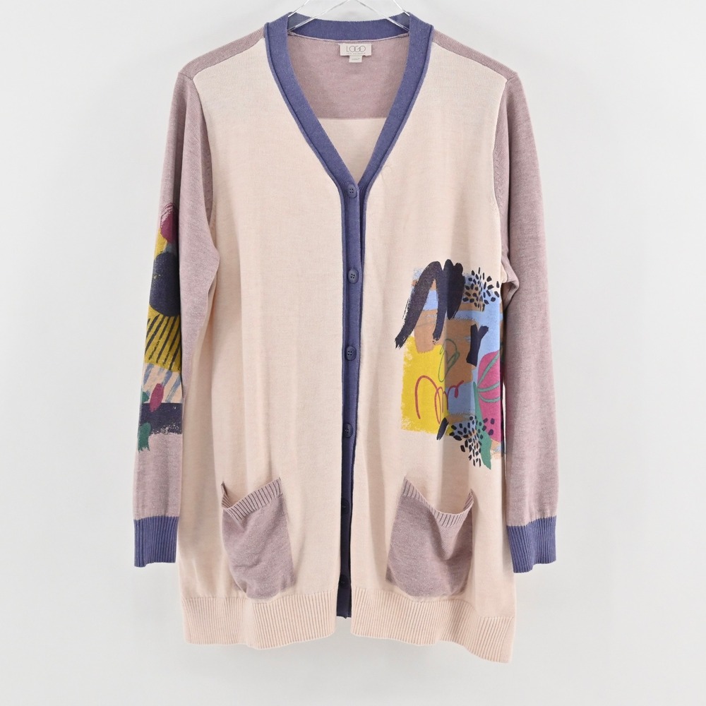 Logo Lori Goldstein Womens Cardigan Size XL Abstract Lightweight Art Colorful